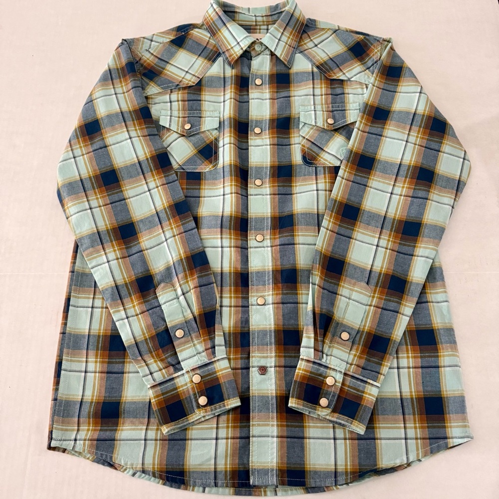 Ariat Boy’s Plaid Habney Retro Fit Pearl Snap Shirt Blue Aqua Brown XLarge (18)